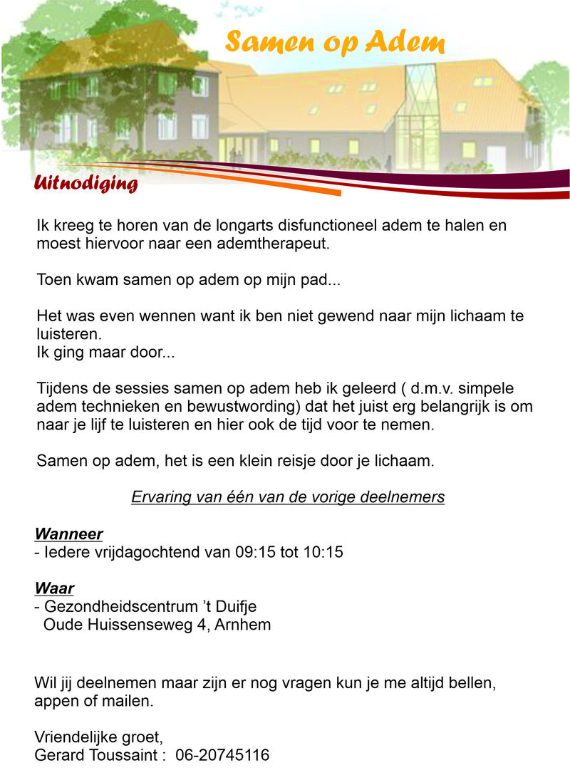 Uitnodigingsflyer voor Samen op Adem bij Gezondheidscentrum 't Duifje